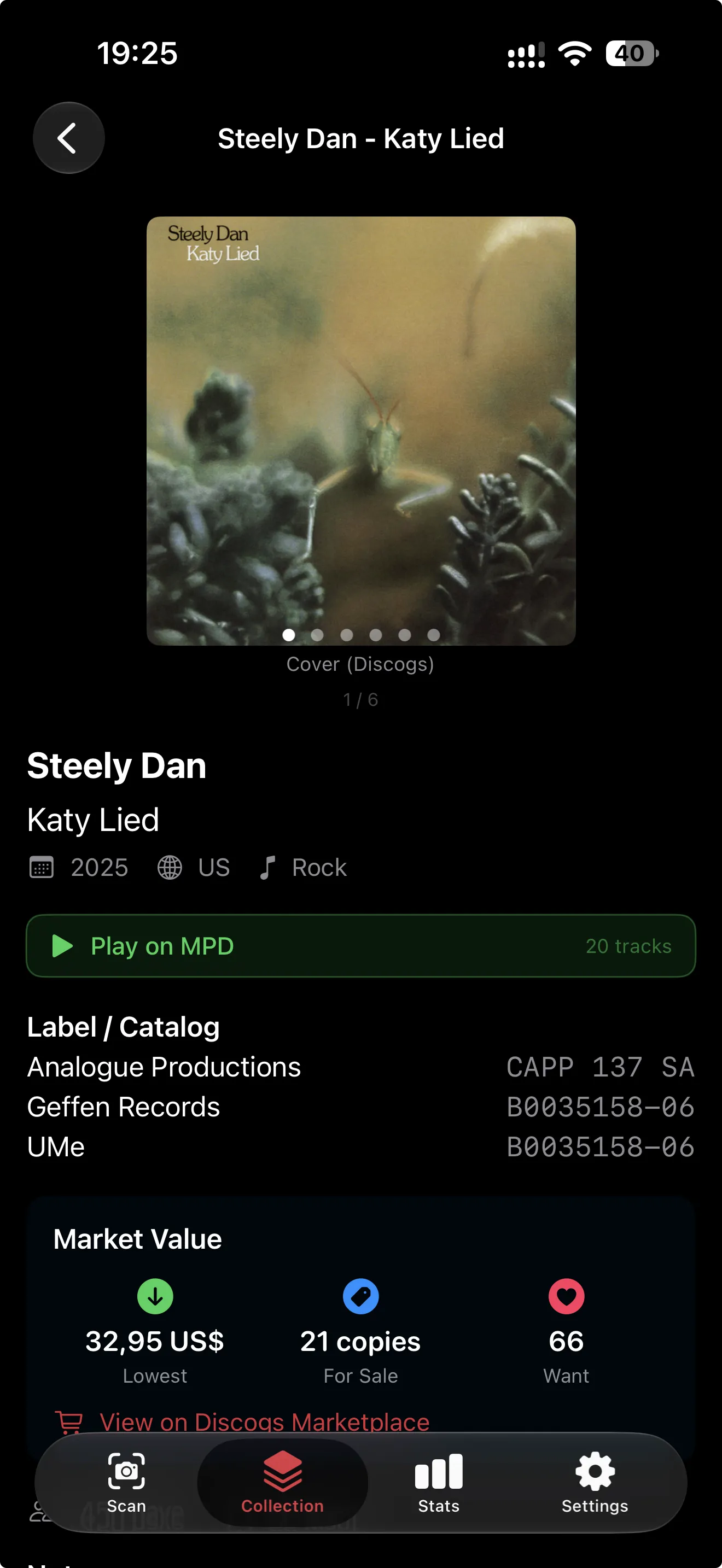 Release detail for Steely Dan Katy Lied with label, catalog numbers and market value