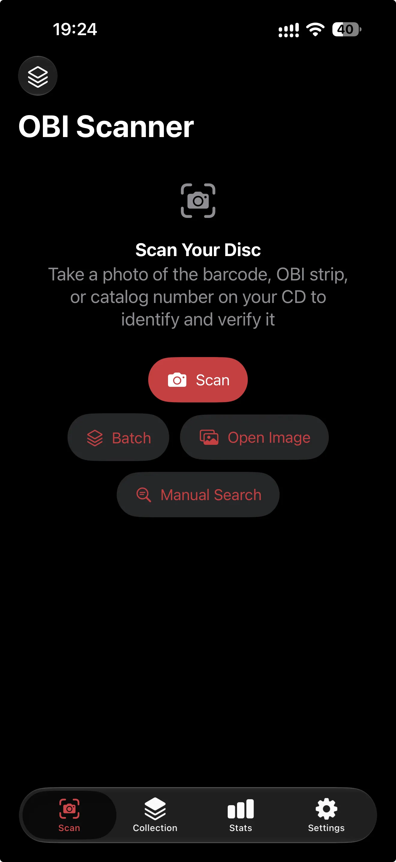 Scan tab with Scan, Batch, Open Image and Manual Search